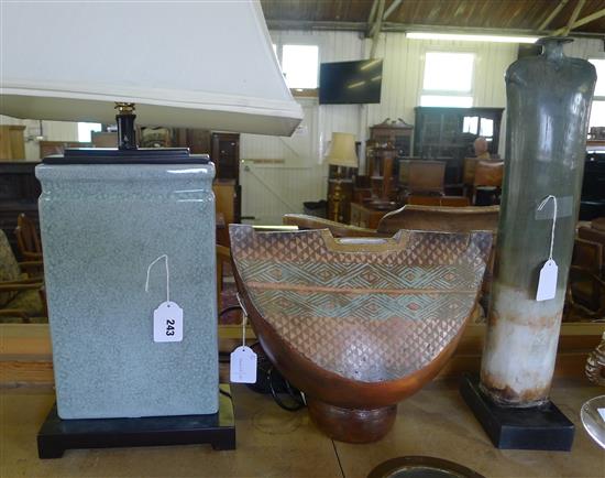 Crackleware celadon table lamp and two Studio Pottery sculptures